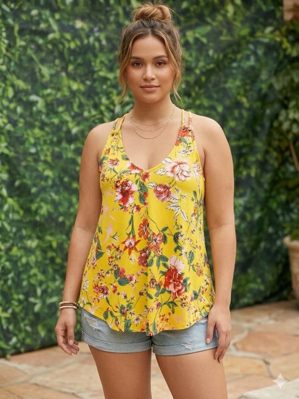 Lavish Yellow Floral Top with Red Blooms and Green Leaves